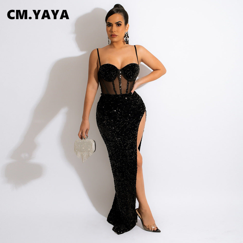 CM.YAYA Women Mini Dress Sequins Mesh See Through Strap Bodycon